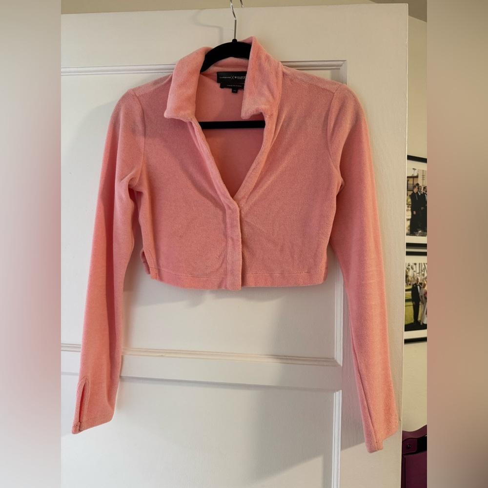 Trendy Terry Pink Cropped Button Down Shirt